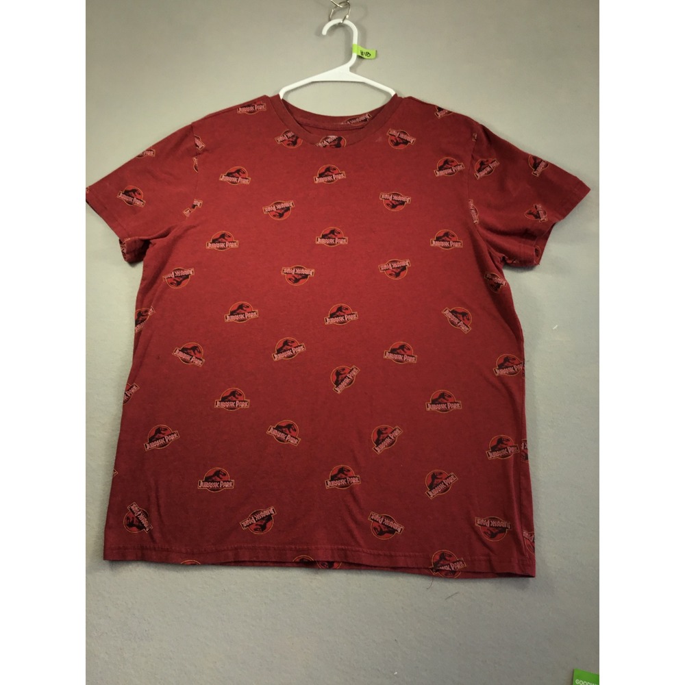 Jurassic World Mens XL T-Shirt All Over Print Logo Burgundy Red Jurassic ParkTee